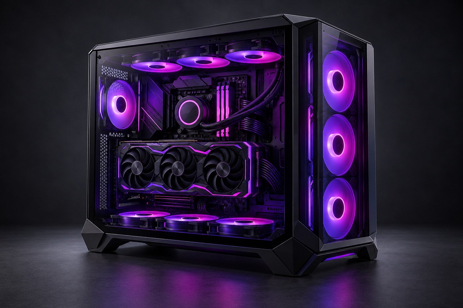 Illustratieve APEX gaming pc met brede zwarte glazen behuizing en paarse verlichting