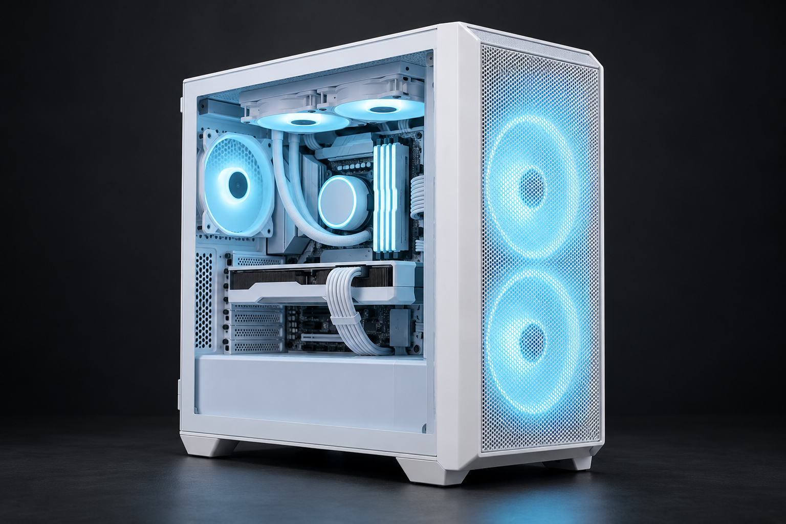 Illustratieve PULSE gaming pc met witte behuizing en cyaanblauwe verlichting