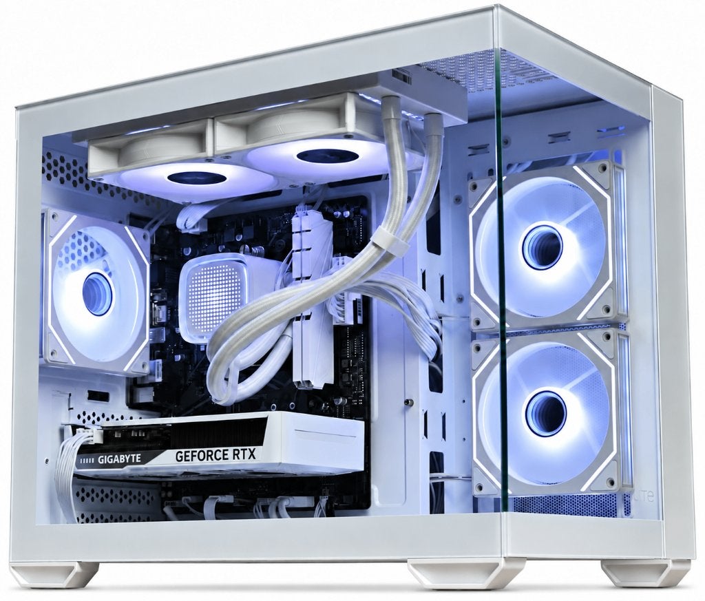 De witte gaming pc uit de Marktplaats-advertentie met glazen panelen en verlichte ventilatoren